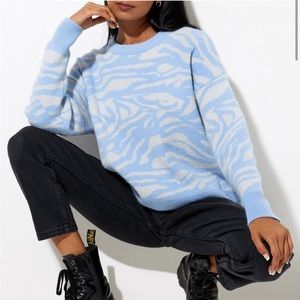 Motel Rocks Blue & White Zebra Print Crewneck Knit Sweater